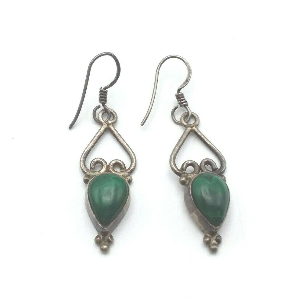 Vintage Sterling Silver 925 Malachite Dangle French Hook Earrings Heavy Patina